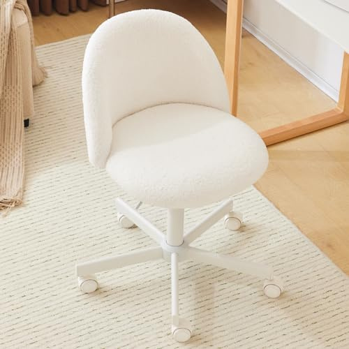 Bonnlo Bürostuhl mit Rollen, Schminktisch Stuhl, Höhenverstellbar Schreibtischstuhl für Arbeitszimmer, Schlafzimmer, Homeoffice, Teddystoff, Weiß