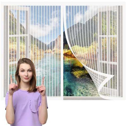 Zanzariera Finestra Magnetica su Misura 127 x 154 cm Tenda a Mosca Magnetica Rete Aria Fresca in & Keep Bugs Out per Tutti Terrazza Porte e Finestre, Bianco