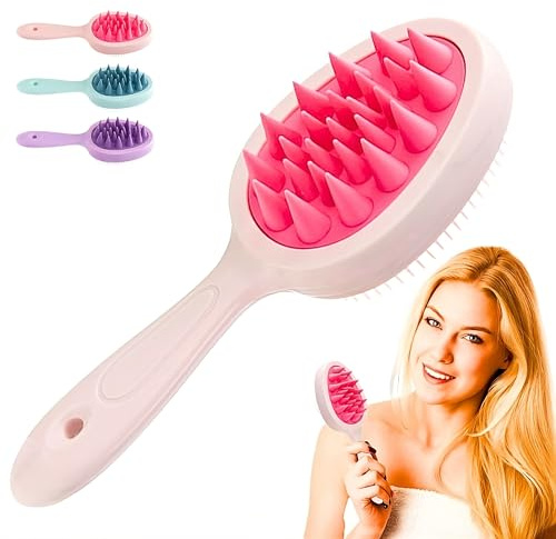 2-in-1-Haarbürste, Massagegerät und Entwirrer, doppelseitiger Kamm mit Griff, Massagegerät für Kopfhaut und Haarpflege (Rosa)