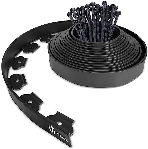 VOUNOT Plastic Lawn Edging Border with 30 Ground Anchors, 10m Flexible Garden Edging Strip for Grass, Paths, Gravel or Flower Beds, Weatherproof Landscape Border, 5cm High, Black