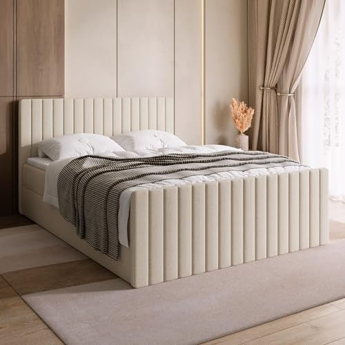 BROMARKT Boxspringbett 160x200 mit Bettkasten Topper Härte H3 Beige | Doppelbett mit Bonellmatratze gepolsterte Kopfstütze Fußteil Polsterbett Bett Bed Jugendbett Einzelbett hinterteil DREAM DUO