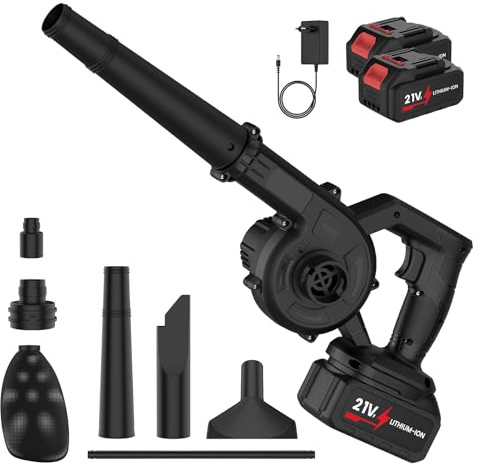 Soplador de batería 21 V, 600 W/ 3.3m³/min / 23,000 RPM, soplador de Hojas inalámbrico con batería y Cargador, portátil para Nieve, Jardines, Patio, Hoja (Negro-2 baterías)