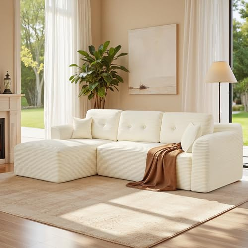 VASAGLE Ecksofa, Keine Montage erforderlich, modulares Sofa, 244 cm breit | Schlafsofa, vakuumverpackt, mit großer Chaiselongue links, für Wohnzimmer, Cremeweiss, LCS183WD01