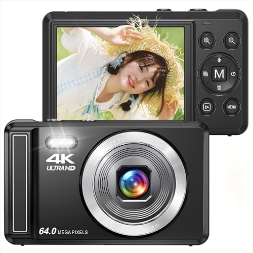 Fotocamera digitale 4K 64MP autofocus con scheda SD da 32 GB, schermo da 2,8, fotocamera compatta vlogging con 2 batterie, per bambini e principianti