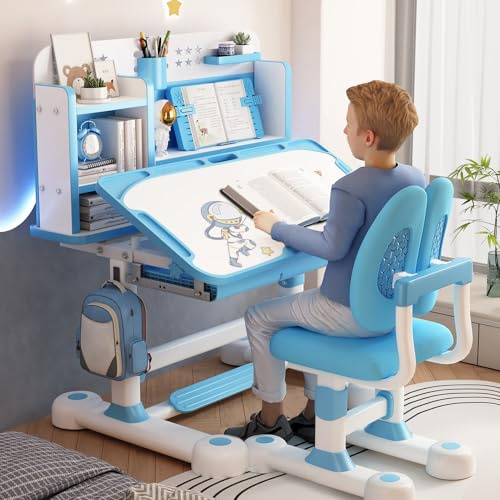 Techimes Verbesserter Schreibtisch für Kinder, höhenverstellbar, Schlafzimmer-Kinder-Studiertisch und Stuhl-Set, Kinderschreibtische mit Neigungswinkel, Sitzkorrektur, zum Lesen, Schreiben für Kinder
