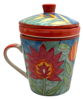 Gall&Zick Handbemalte Keramik-Teetasse mit Sieb und Deckel 400ml, Jumbotasse