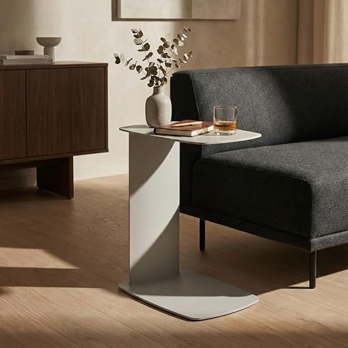 Siqual Design Beistelltisch Metall C-Form, pulverbeschichtet & wetterfest – Sofa Couch Tisch für Wohnzimmer, Balkon & Terrasse – Standby (Weiß)