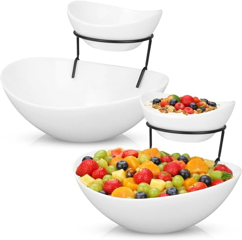 RWFMO 2 Set 2 Tier Chip and Dip Serving Set, Ceramic Appetizer Bowls with Metal Stand, Party Tiered Serving Dishes for Nachos Fruit Salad Snacks Bread