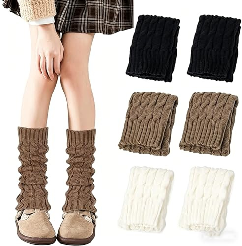 ZSOPN 3 Paar Stulpen Damen Gestrickte Beinstulpen für Frauen Mädchen, Winter Beinwärmer Warm Leg Warmers Bequem Langer Beinwärmer Knie Hoch Stulpen Braun Schwarz und Weiß Legwarmers für Damen