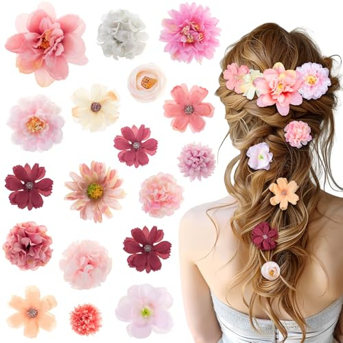 Kiiwah 18 Stücke Boho Haarclip Blume für Damen und Mädchen, Hawaii Blumenspangen Haare Haarspange mit künstlicher Blume Rapunzel Haarschmuck für Strand, Party, Hochzeit, Braut