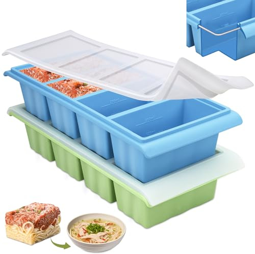 2 Pack Silicone Soup Freezer Tray, Soup Freezer Containers Mold with Lid, 4-Compartment Large Ice Cube Tray, Makes 8 1-Cup/250ml Portion Cubes Food Storage Container for Freezing Broth Leftovers Sauce