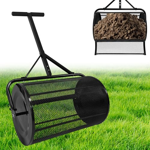 YZNAHRE - Esparcidor de compost de metal de 80 litros con mango en T - Cesta cilíndrica de malla - Esparcidor de fertilizante para césped - Ideal para fertilizantes de césped y turba