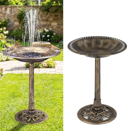 GYMAX Vogeltränke stehend, 2-in-1 Vogelbecken mit Solar-Springbrunnen, Vogelbad Garten mit Blumenkübel & befüllbarem Ständer, Vogelfutterstelle, Futterstation für Balkon & Garten