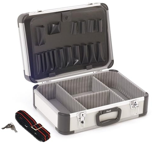 Perel Mallette à outils vide, valise outils vide, mallette de rangement, valise transport, compartiments individuels, poches à outils, verrouillable, 2 clés incl., aluminium, bandoulière, gris, 460 x