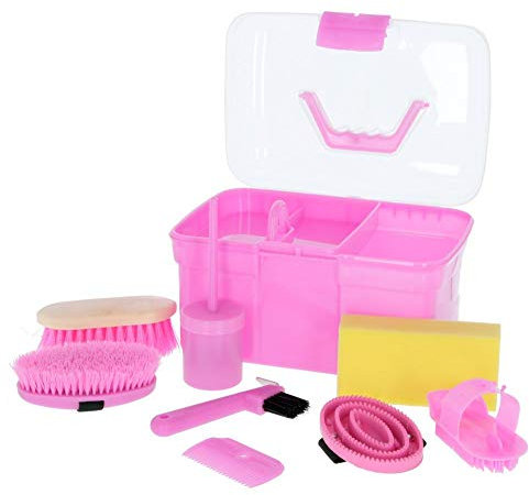 Kerbl Putzbox rosa mit Inhalt 8-teilig (für Kinder, Pferdebürsten, Mähnenbürsten, Putzkiste mit Bürsten, Pferdepflege, Putzzeug pink) 321766, Unisize