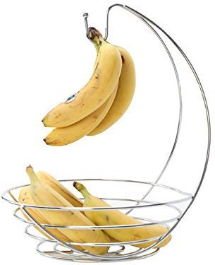 Fusion Chrome Fruit Bowl Basket with Banana Hanger Tree Holder Fruit Storage Bowl Stand Hook Base Banana Hammock