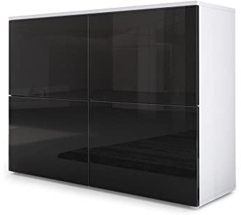Vladon Sideboard Rova, Made in Germany, Kommode mit 4 Türen, Weiß matt/Schwarz Hochglanz (92 x 72 x 35 cm)