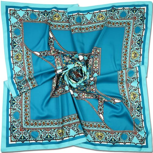 corciova XL Oversized Satin Scarf - 40x40 Inches Square in Air Force Blue Geometric Print - Luxurious Fashion Scarf for Hair Wrap, Headband, Bandana, Shirt Accessory & Headscarf