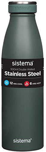 Sistema Hydrate Stainless Steel Water Bottle, 500 ml Leak-Proof Reusable Water Bottle, BPA & Phthalate Free, Double Wall Vacuum Insulation, Keeps Cold for 12 hrs, Hot for 6 hrs, Assorted Colours