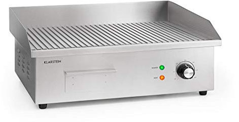 Klarstein Grillmeile 3000R Pro - cast Iron Electric Grill Plate, Grill Surface: 54,5 x 35 cm (Ribbed), infinitely Variable 50-300 °C, 3000 Watt, Stainless Steel