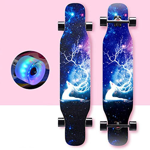 HSGAV Longboard Kinder Anfänger 43 Zoll Vintage Fancy Cruiser Street Skateboards,Mädchen Jungen Erwachsene Profis Old School Pinsel Street Buntem LED-Lichtrad Surfing Penny Board,Blau