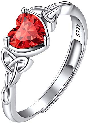 Suplight Anillo Corazón Plata de Ley 925 Joyería de Mujeres con Piedras Natales Rubí Rojo de Julio Elemento Trinidad Nudo Celta Regalo para Cumpleaños