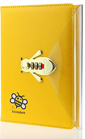 Mazeran Bee Shaped Combination Lock Journal, PU Leather Hard Cover Notebook Cute Diary, Thick A5 Lined Password Locking Personal Planner Secret Organizer Gift for Girls Women Daughter