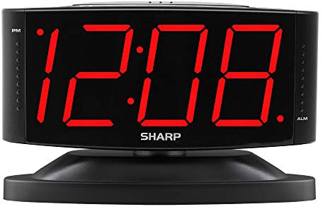 Sharp Home LED Digital Alarm Clock – Swivel Base - Outlet Powered, Simple Operation, Alarm, Snooze, Brightness Dimmer, Big Green Digit Display, (Midnight Black -Red LED)