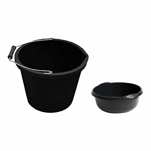 Set of - 14L Plastic Bucket with 5L Round Bowl | 3 Gallon Bucket with 28cm Plastic Bowl – Plaster Builder Bucket Tub Trug Horse Feeder with Washing Up Bowl Integral Handles Home- (BLACK)