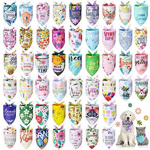 Chunful 50 Pcs Spring Dog Bandanas Bulk Flora Dog Bandanas Pet Triangle Scarf Bib Pet Costume Adjustable Cat Outfit Washable Bids Kerchief for Small Medium Puppy(Fresh Style)