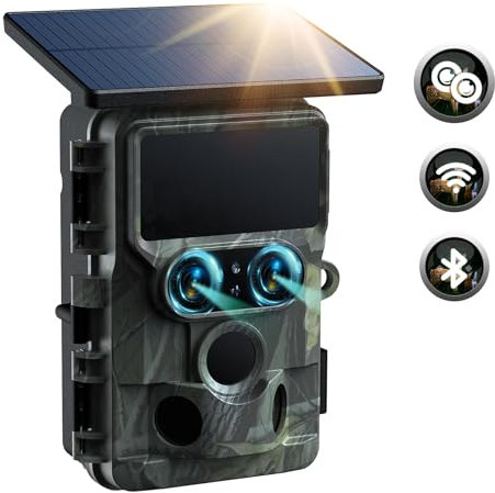 Wildlife Camera Solar Powered - WiFi Bluetooth Dual Lens 60MP 4K UHD 30FPS Native Trail Hunting Cameras with Starlight Night Vision, IMX458 Sensors 0.1S Trigger IP66 Waterproof for Wildlife Monitoring