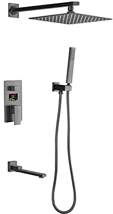 JUNNIU Système de Douche à Effet Pluie Ensemble combiné de Douche à Affichage numérique avec pommeau de Douche, douchette, Bec de Baignoire, boîte intégrée, Gris Pistolet, 10 Pouces Decoration