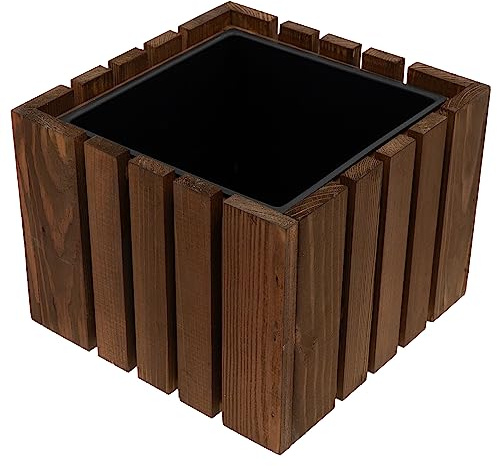 HRB Blumentopf Vintage eckig aus Echtholz braun, hochwertiger Holz Pflanztopf mit Kunststoffwanne mit 5,2 L Volumen für Innen und Außen, die Pflanzkübel haben EIN einzigartiges Design