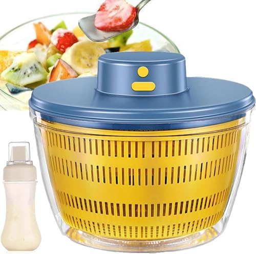 Mlijzard Electric Salad Spinner Large 4.2L Salad Leaf Dryer, USB Rechargeable Vegetable Cleaner Dryer, Automatic Quick Water Drain Salad Lettuce Spinner with 350ml Squeeze Sauce Bottle, Yellow