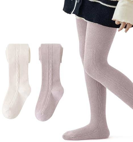 QKURT Collant Caldi per Bambine, 2 Pacchetti di Collant a Maglia per Bambini in Uniforme Scolastica, Calze di Cotone per Bambine 1-10 Anni