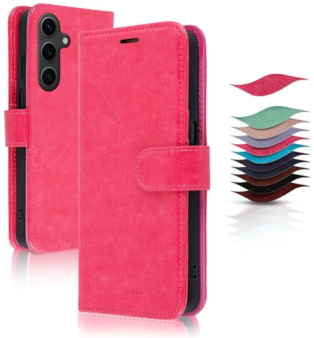 MONASAY For Galaxy A25 Wallet Case, [Included Glass Screen Protector][RFID Blocking] Flip Folio Leather Cell Phone Cover with Credit Card Holder for Samsung Galaxy A25, Hot pink