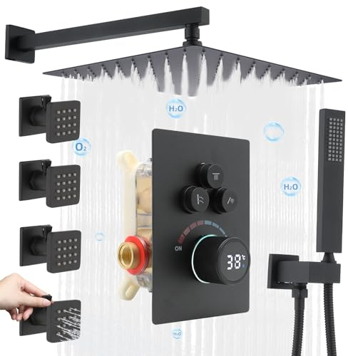 Delnet Shower System with Body Jets, 12 Inch Wall Mounted Rain Shower Set, Concealed 3 Way Outlet Digital Display Diverter Valve, Can Use All Options at A Time, Matte Black