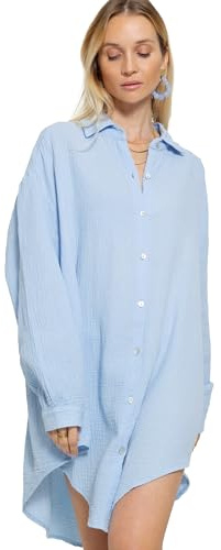 SASSYCLASSY Oversize Musselin Bluse Damen Langarm - Oversized Freizeit Look - Hemdbluse lang aus Baumwolle mit V Ausschnitt - Long-Bluse One Size (Gr. 36-48) Hellblau