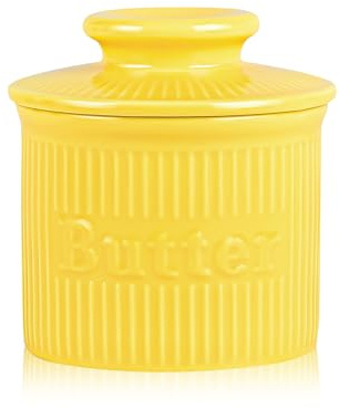 Gelber französischer Butterglocke mit Wasserlinie für Tisch und Tafelaufsätze, Porzellan Buttertopf, gestreift außen