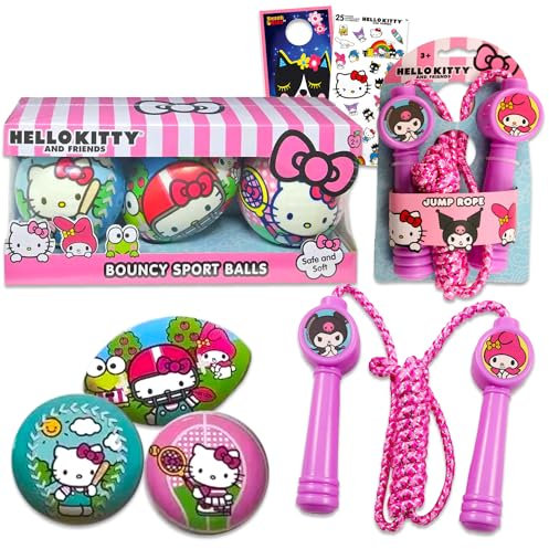 Hello Kitty Outdoor Toys for Girls, Kids - Bundle With 3 Mini Sports Balls, Jump Rope, and Stickers | Fitness Toys, Sport Playset