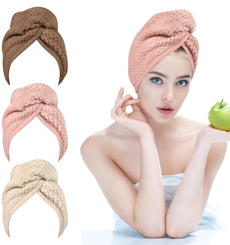 PHOGARY Haarturban Mikrofaser Handtuch Haare, 3 Stück Turban Handtuch Mit Knopf 65x25 cm, Ultradickes Weiches Microfaser Handtücher für die Haare, Haarhandtuch Kopfhandtuch Locken für Frauen Kinder