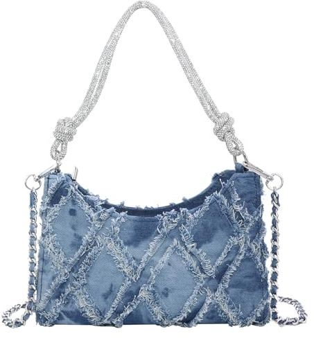 Milisente Damen Clutch Elegante Schultertasche Handtasche Hobo Abendtasche Crossbody Clutch mit Glitze Tragegurt(Denim Blau)