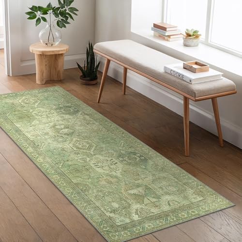 BEIMO Läufer Flur 80x200cm, Vintage Waschbarer Teppich Grasgrün | Boho Orientalisch Wohnzimmerteppich, Weicher Kurzflor Klein Carpet mit Rutschfester für Eingang, Bettvorleger Schlafzimmer