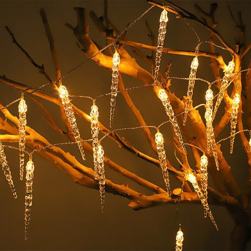 DINOWIN LED Eiszapfen Lichterkette 19.68FT 40LED Batteriebetriebene Wasserdicht Lichterkette für Innen Außen Balkon Terrasse Garten Partys Weihnachten Hochzeit (Warmweiß)