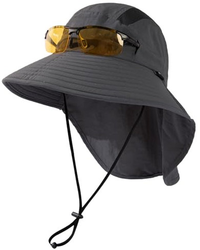 TOP-EX XL/XXL UPF 50 Sonnenhut Herren Damen Breite Krempe Sonnenschutzhut mit Nackenschutz Sonnenbrillenhalter Outdoor Safari Sommerhut Wasserdicht & Faltbar Dunkelgrau M/L