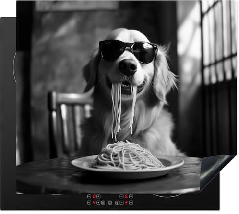 KitchenYeah© Herdabdeckplatte 57x51 cm Einteilig Induktionsmatte Küche Abdeckung Ceranfeld Herd Abdeckplatte Deko Vinyl Matte Aufrollbar Golden Retriever - Hund - Spaghetti - Schwarz - Weiß