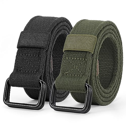 JASGOOD Men Canvas Fabric Belts Casual Web Cloth Belts with Black Double Ring Buckle 2 Pack,Black+Army Green