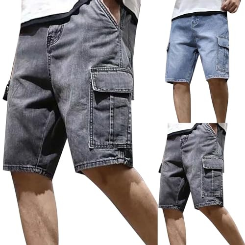 Richymfa Pantaloncini Cargo Corti da Lavoro Jeans Uomo Elasticizzati Pantaloncino Denim Estivi Baggy Jeans Corti con Tasconi Laterali Bermuda Shorts Casual Pantaloni da Danza Hip Hop Skateboard