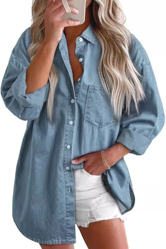 EUDOLAH Mujer Camisa Vaquera Denim Suave Corte Oversize Casual con Bolsillos y Cuello Polo(M,Azul)
