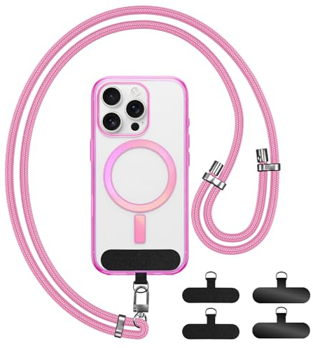Universellt Telefonremme, Justerbar Nylonrem med 4 Lappar för Män och Kvinnor, Kompatibel med Alla Smartphones med Fodral för Utomhusaktiviteter, Resor och på Språng (Rosa)